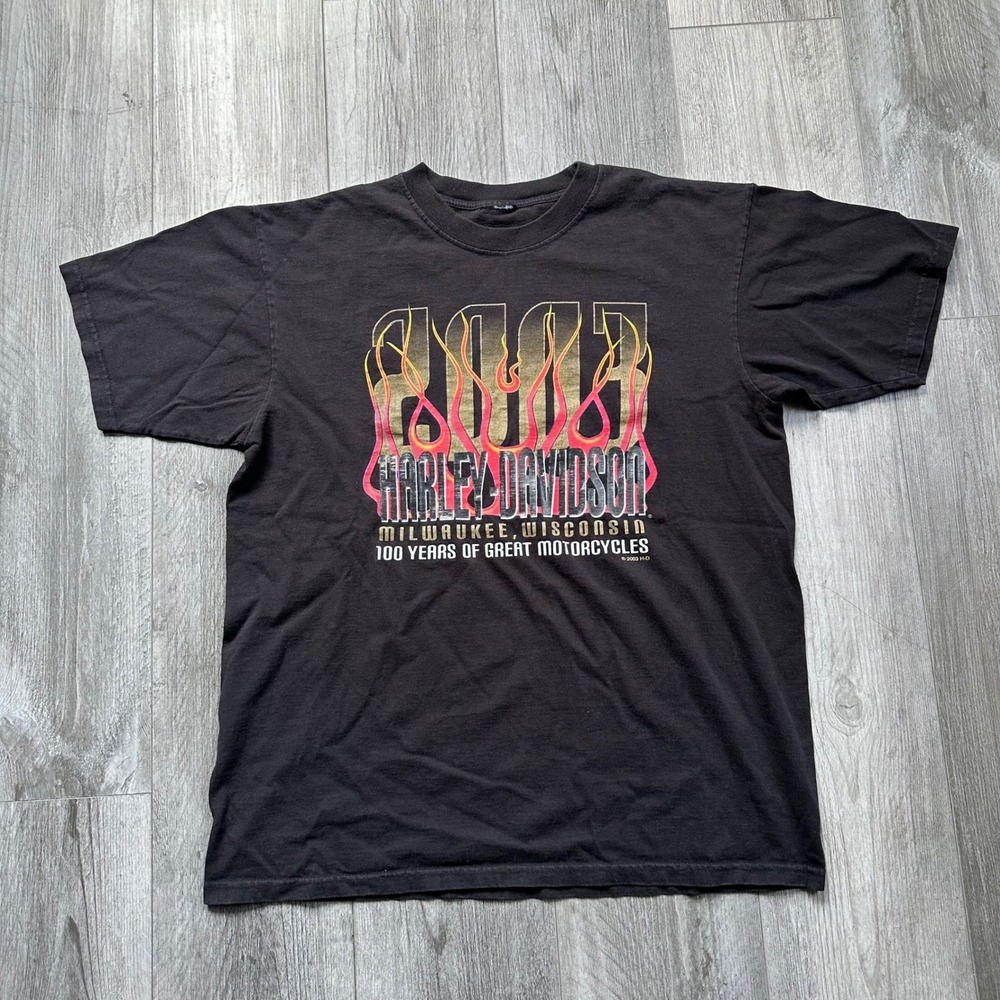 Vintage faded Harley-Davidson anniversary T-Shirt Mens L Black Flames